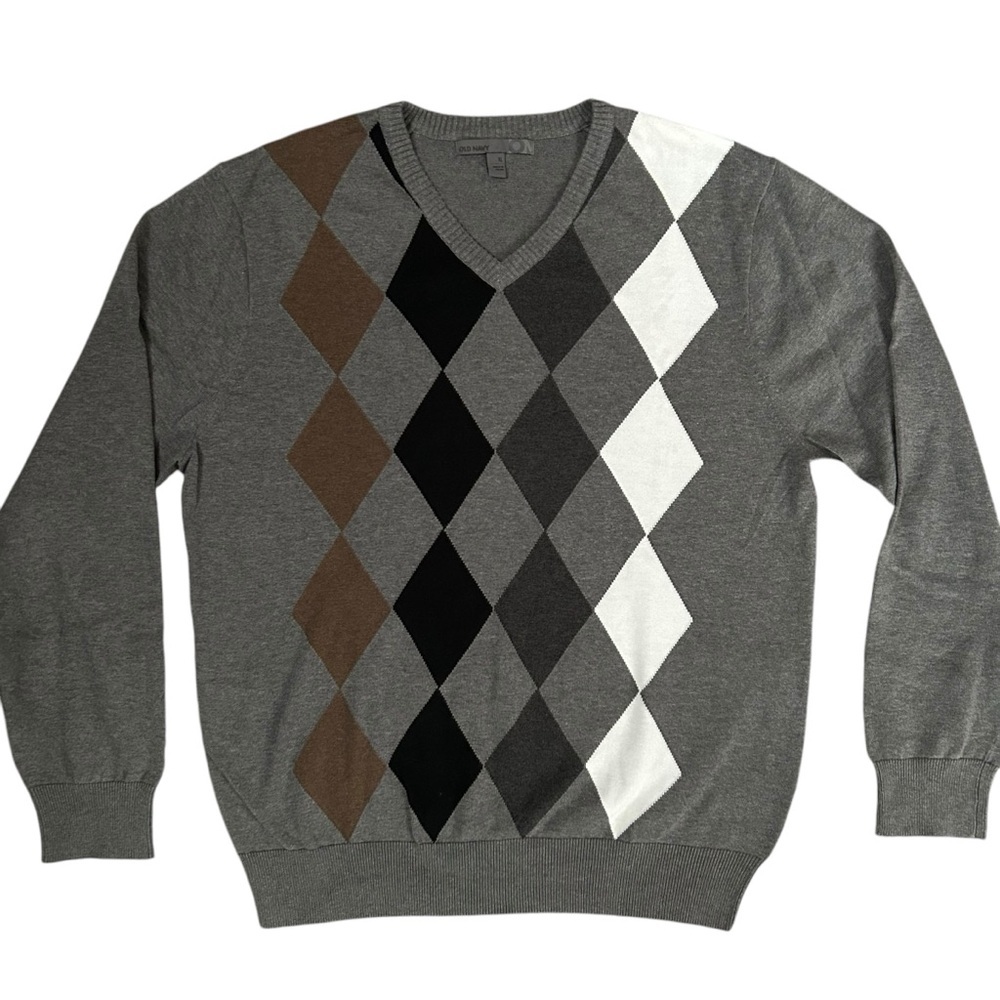 Old Navy Mens XL Gray Argyle Diamond‎ Pullover V Neck 100% Cotton Sweater